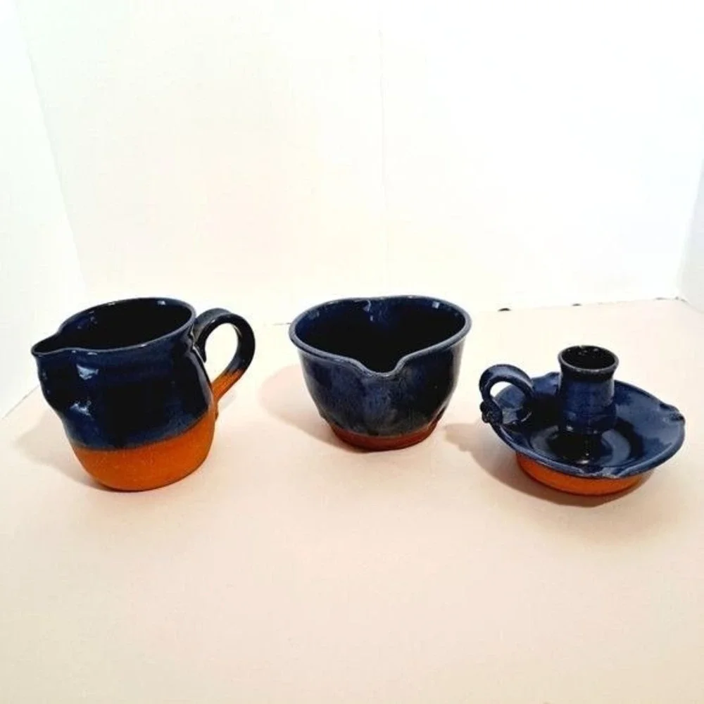 Bob Douglass Pottery Set  Blue Vintage Handmade Pitcher Bowl Candle